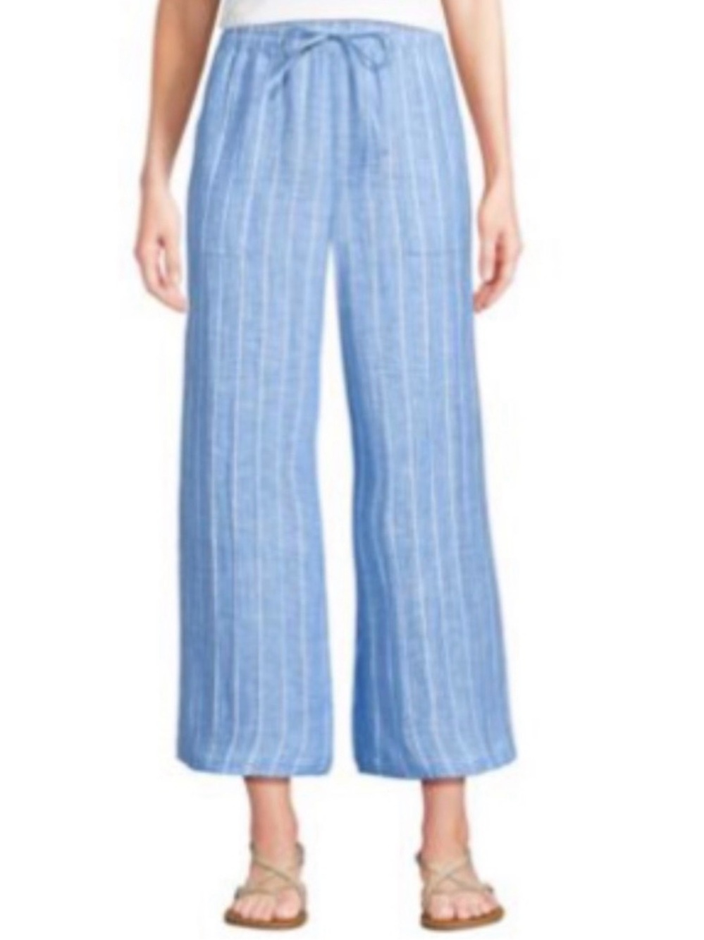 Lands’ End Pants Size Large Wide Leg Linen Drawstring Cropped Blue Striped